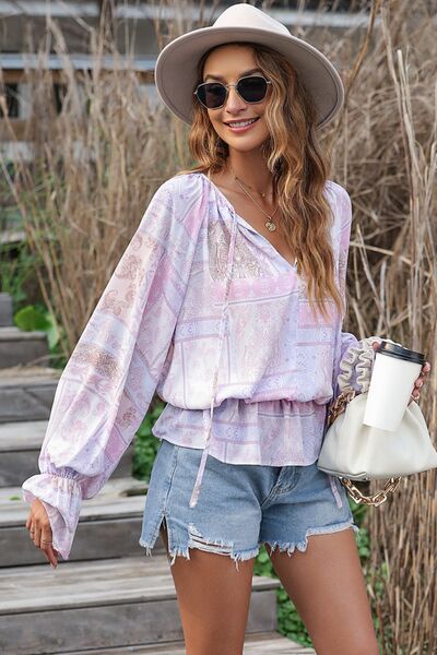 Printed Tie Neck Flounce Sleeve Blouse - Ladyez