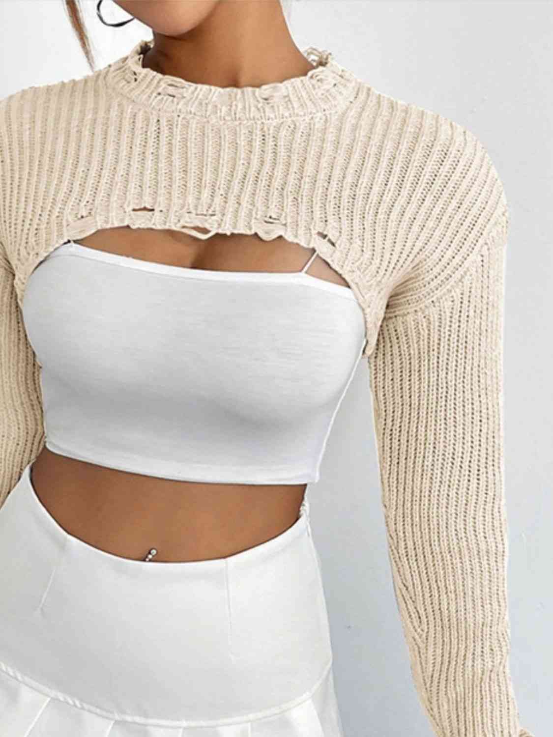 Distressed Long Sleeve Cropped Sweater - Ladyez