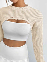 Distressed Long Sleeve Cropped Sweater - Ladyez