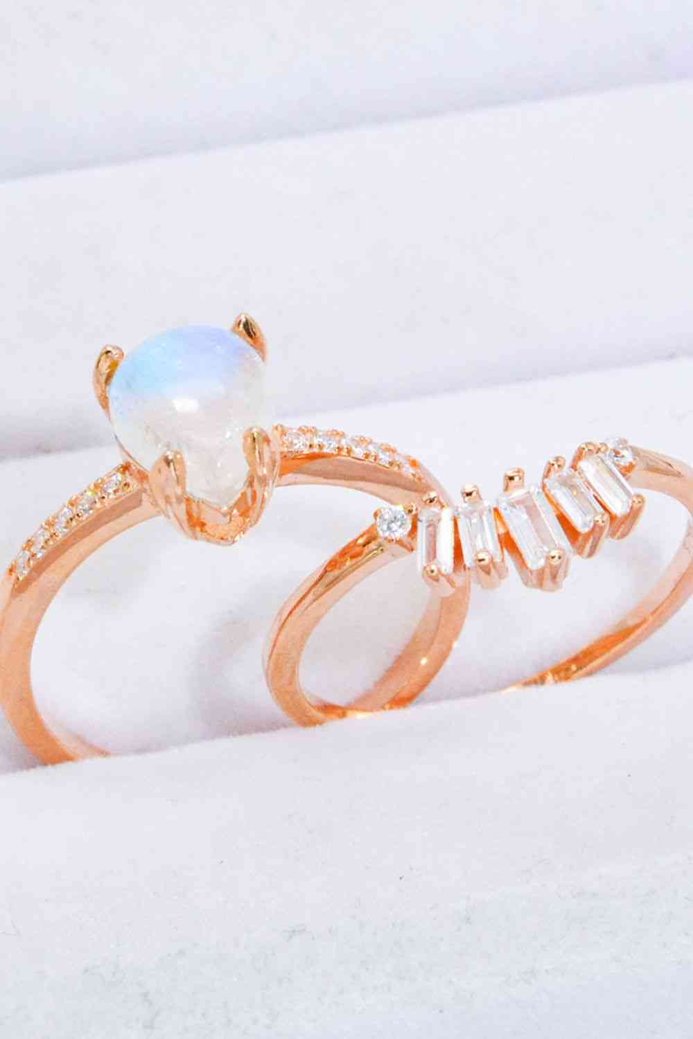 Natural Moonstone and Zircon 18K Rose Gold-Plated Two-Piece Ring Set - Ladyez