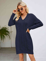 Cable-Knit V-Neck Mini Sweater Dress - Ladyez