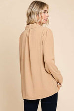 Culture Code Full Size Lapel Collar Ruched Long Sleeve Blouse - Ladyez
