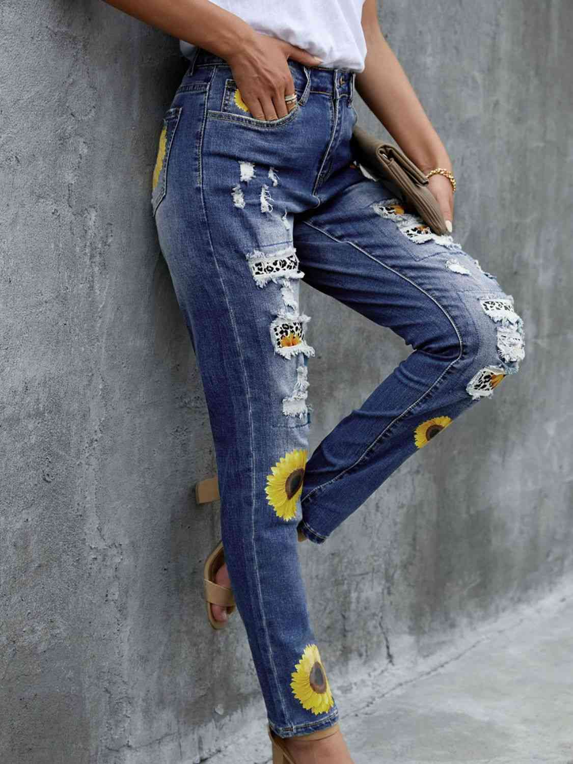 Leopard Patchwork Sunflower Print Distressed High Waist Jeans - Ladyez