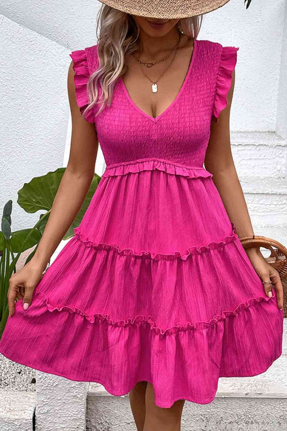 Smocked Frill Trim Deep V Dress - Ladyez