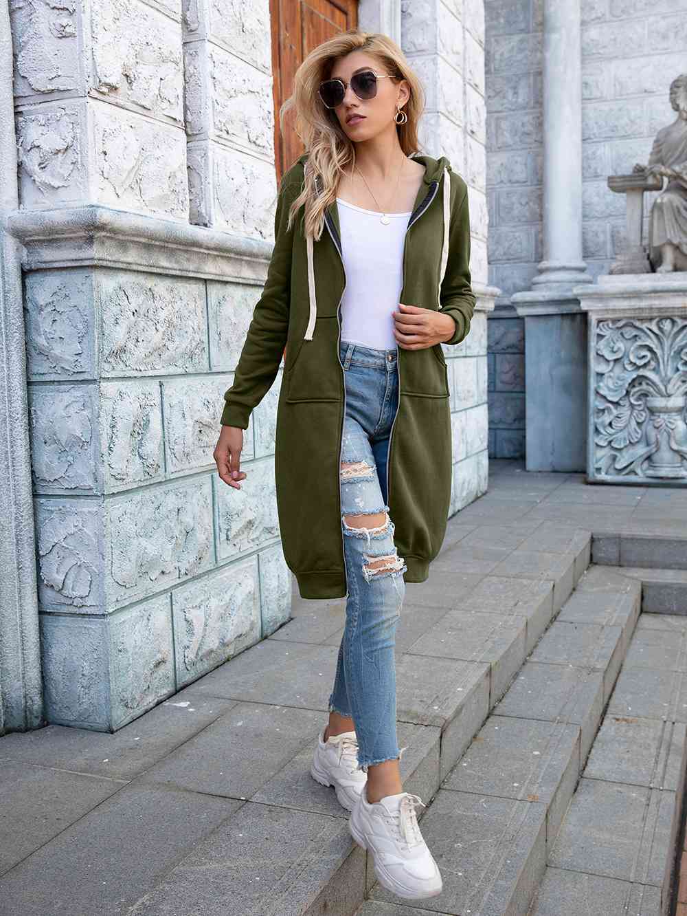 Zip-Up Longline Hoodie with Pockets - Ladyez