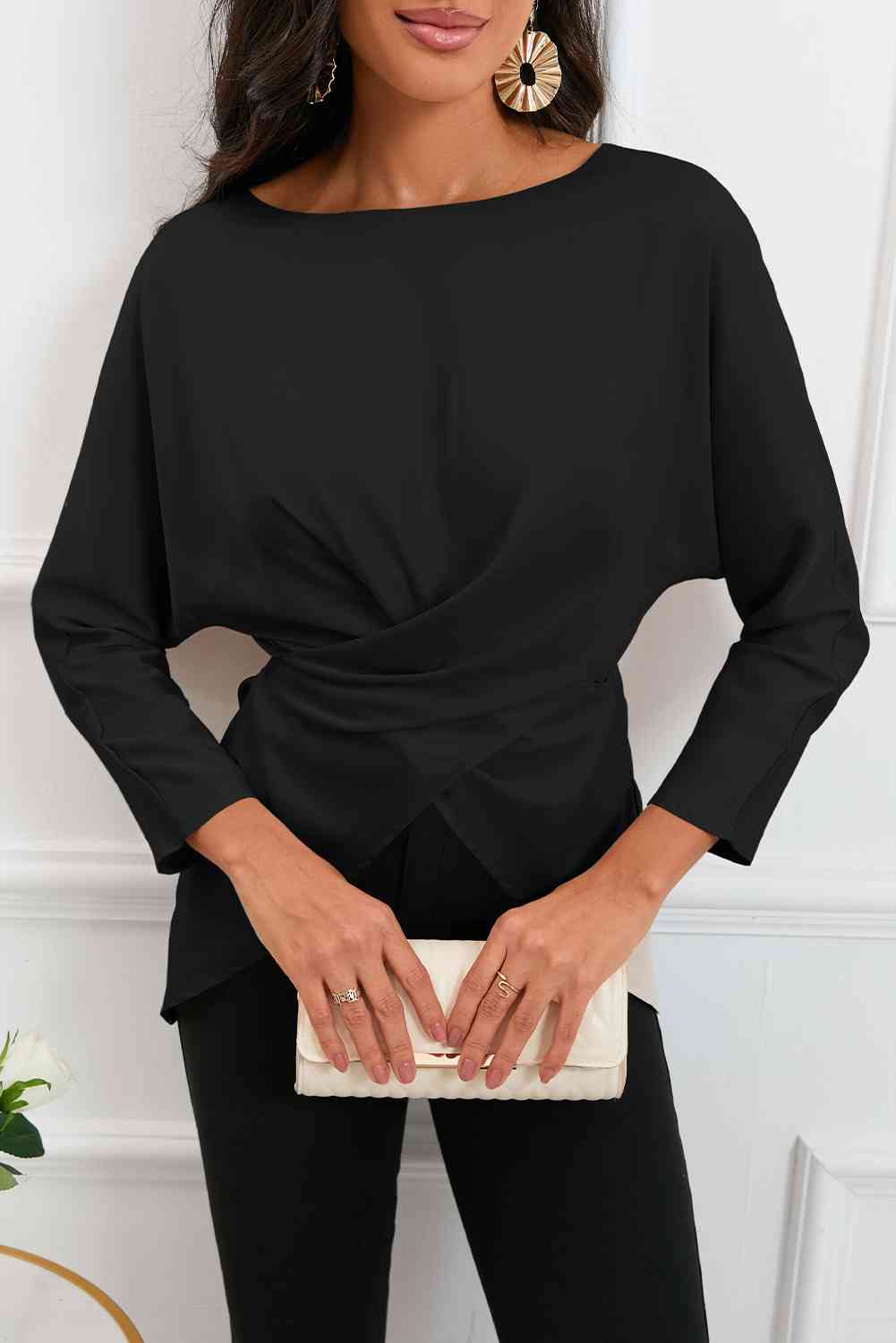 Boat Neck Back Tie Long Sleeve Satin Blouse - Ladyez