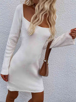 Tie Back Square Neck Long Sleeve Sweater Dress - Ladyez