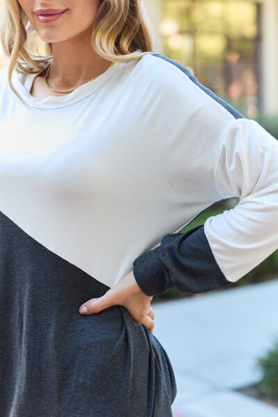 Celeste Design Full Size Contrast Long Sleeve Top - Ladyez