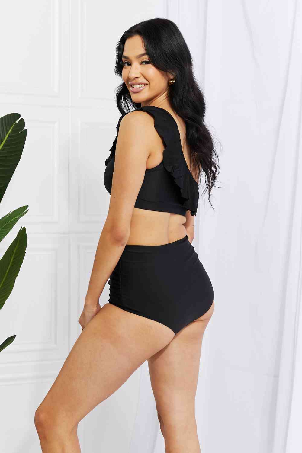 Marina West Swim Seaside Romance Ruffle One-Shoulder Bikini in Black - Ladyez