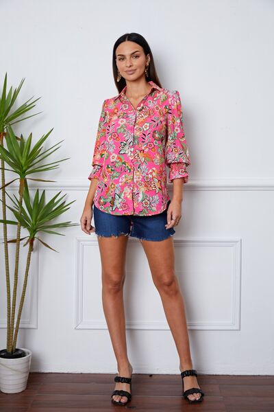Floral Button Up Flounce Sleeve Shirt - Ladyez