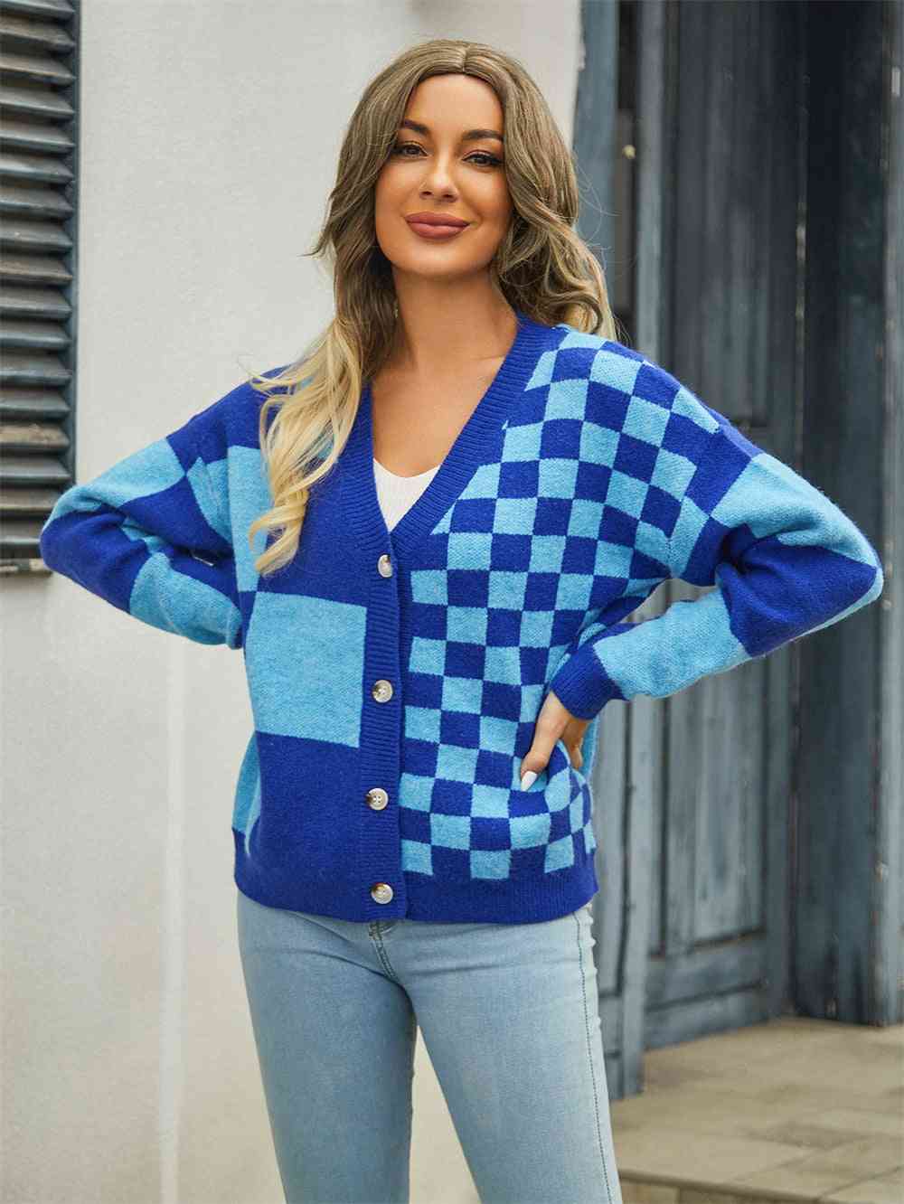 Plaid V-Neck Dropped Shoulder Cardigan - Ladyez