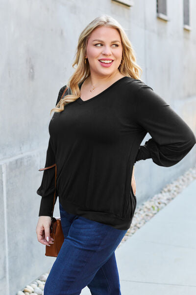 Basic Bae Full Size V-Neck Lantern Sleeve Blouse - Ladyez