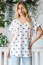 Heimish Full Size Star Print Short Sleeve V-Neck Waffle Knit T-Shirt - Ladyez