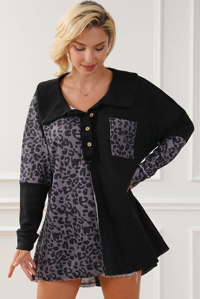 Half Button Leopard Collared Neck Blouse - Ladyez