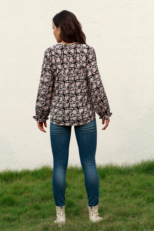 Floral Flounce Sleeve Round Neck Blouse - Ladyez