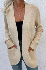 Open Front Rib-Knit Cardigan with Pockets - Ladyez