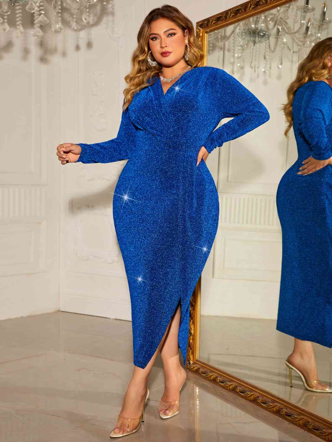 Plus Size Surplice Neck Slit Dress - Ladyez