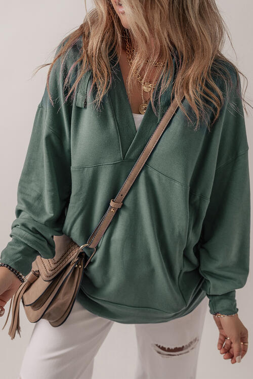 V-Neck Long Sleeve Hooded Top - Ladyez