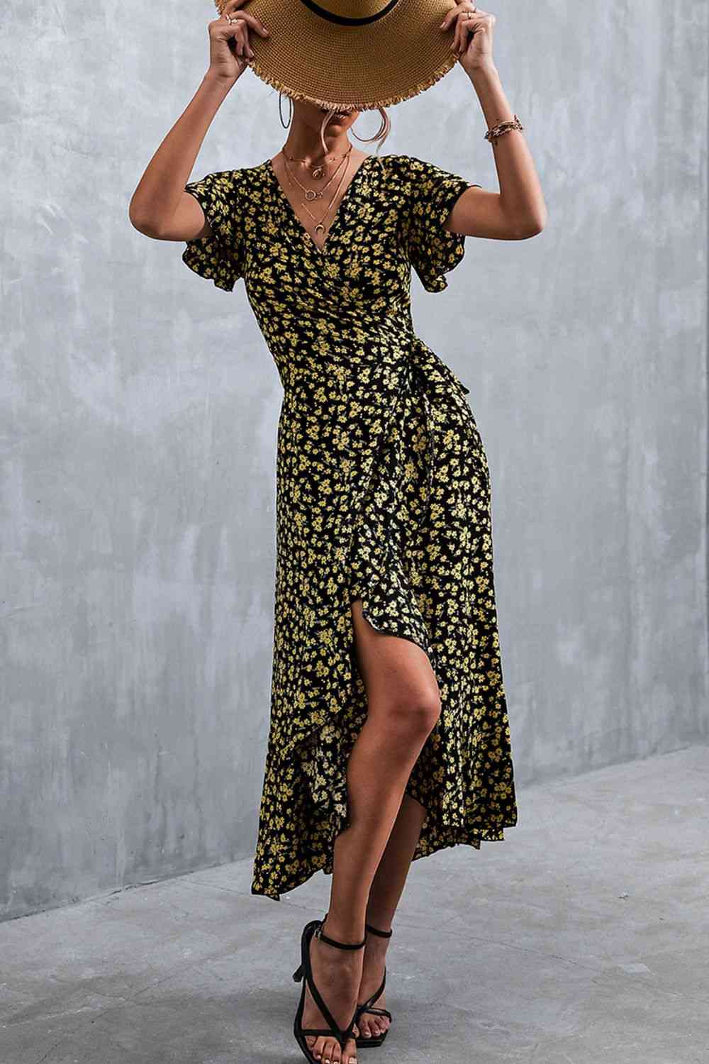 Floral Surplice Neck Tied Midi Dress - Ladyez