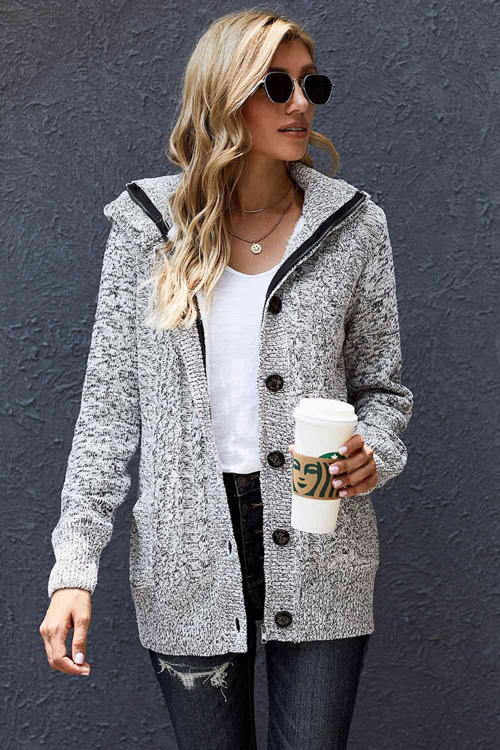 Cable-Knit Fleece Lining Button-Up Hooded Cardigan - Ladyez
