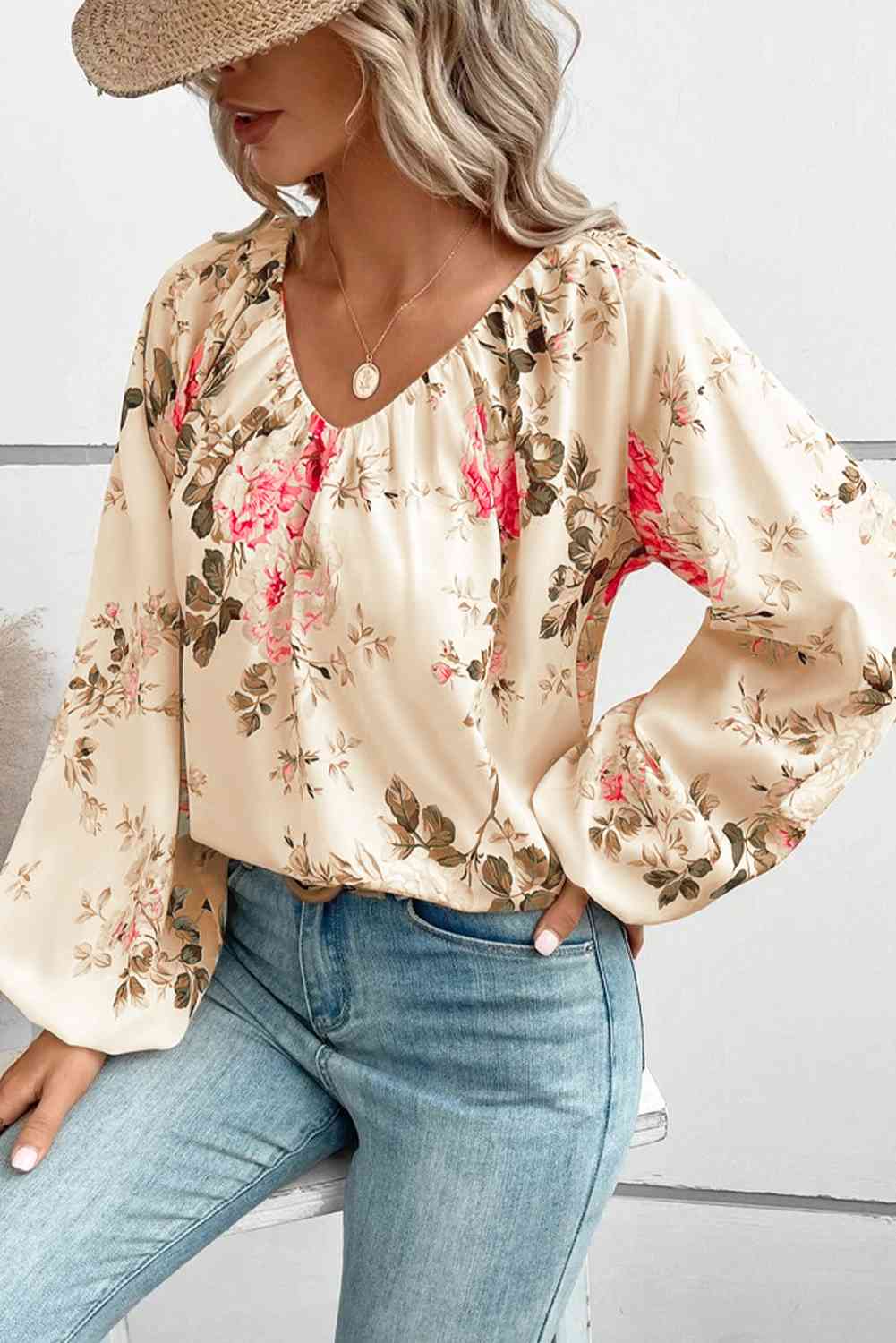 Floral V-Neck Balloon Sleeve Blouse - Ladyez