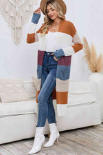 Long Color Block Open Front Pocketed Cardigan - Ladyez