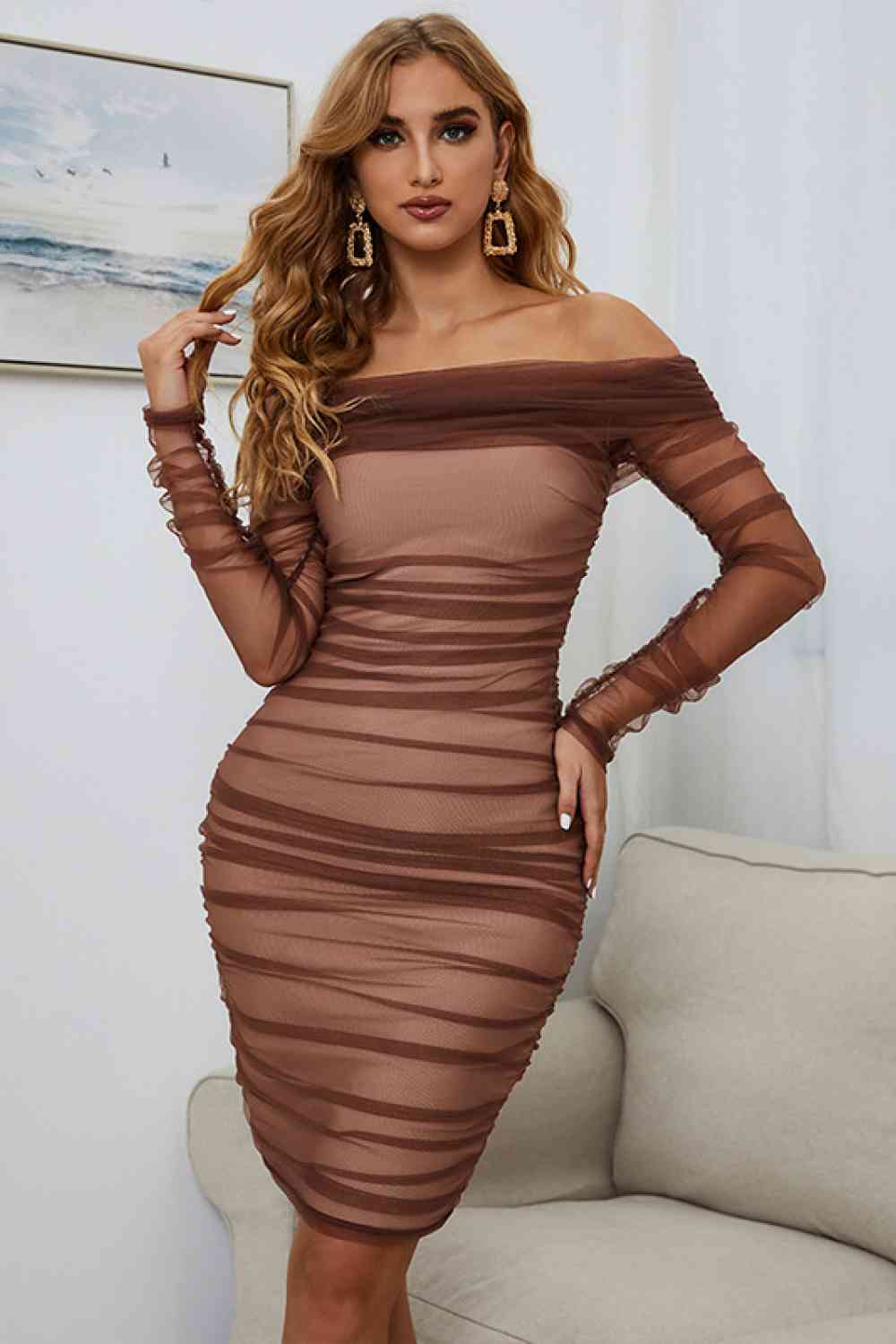 Off-Shoulder Ruched Long Sleeve Tulle Dress - Ladyez