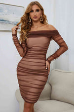Off-Shoulder Ruched Long Sleeve Tulle Dress - Ladyez