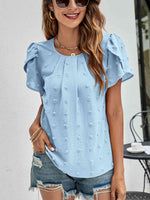 Swiss Dot Round Neck Petal Sleeve Top - Ladyez