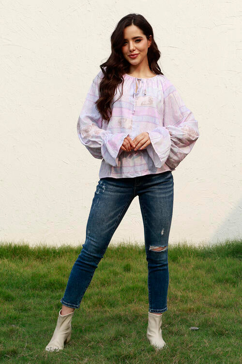 Printed Tie Neck Flounce Sleeve Blouse - Ladyez