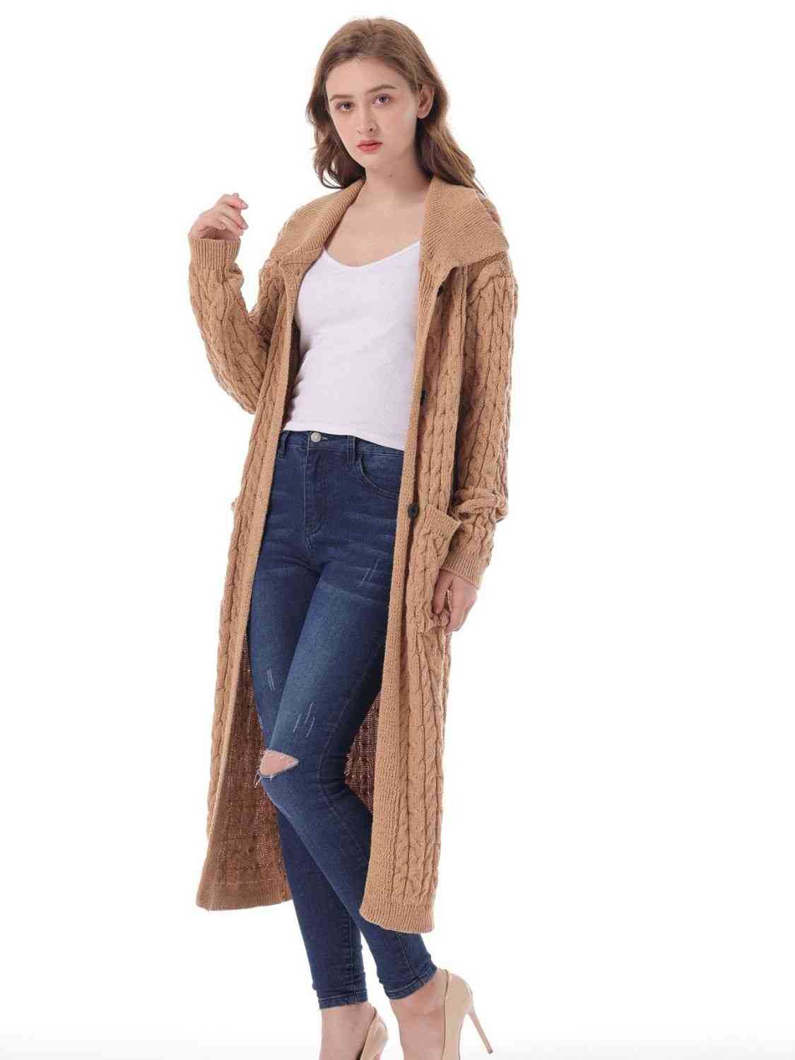 Cable-Knit Collared Neck Cardigan with Pockets - Ladyez