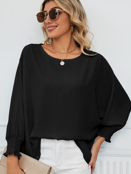 Smocked Lantern Sleeve Round Neck Blouse - Ladyez