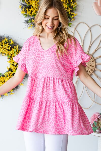 Heimish Full Size Leopard Ruffle Trim Short Sleeve Top - Ladyez