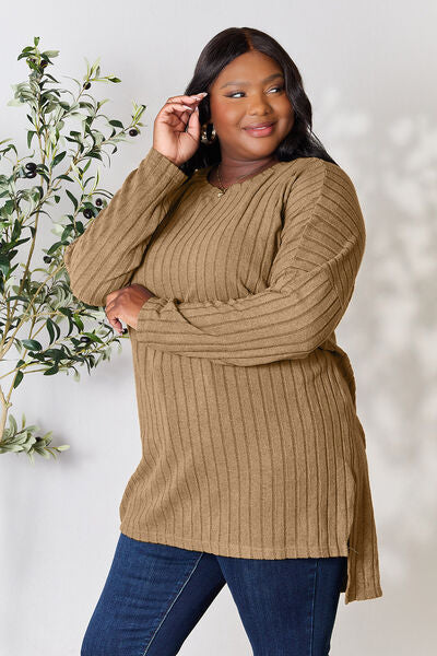 Basic Bae Full Size Ribbed Round Neck Long Sleeve Slit Top - Ladyez