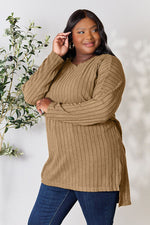 Basic Bae Full Size Ribbed Round Neck Long Sleeve Slit Top - Ladyez