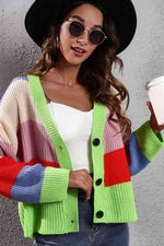 Color Block Button-Down Dropped Shoulder Cardigan - Ladyez