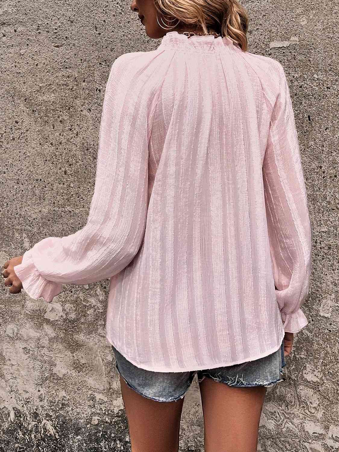 Notched Neck Flounce Sleeve Shirt - Ladyez