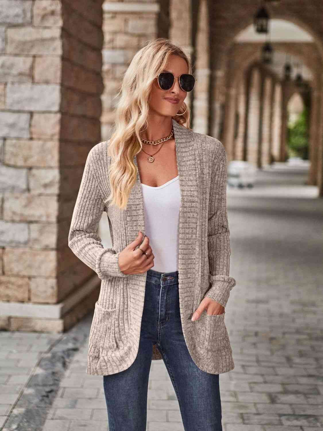 Open Front Cardigan with Pockets - Ladyez