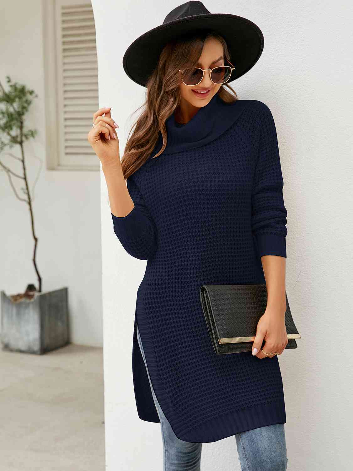 Turtleneck Waffle-Knit Slit Sweater Dress - Ladyez