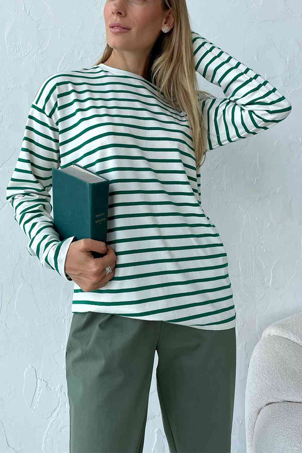 Round Neck Striped Dropped Shoulder T-Shirt - Ladyez