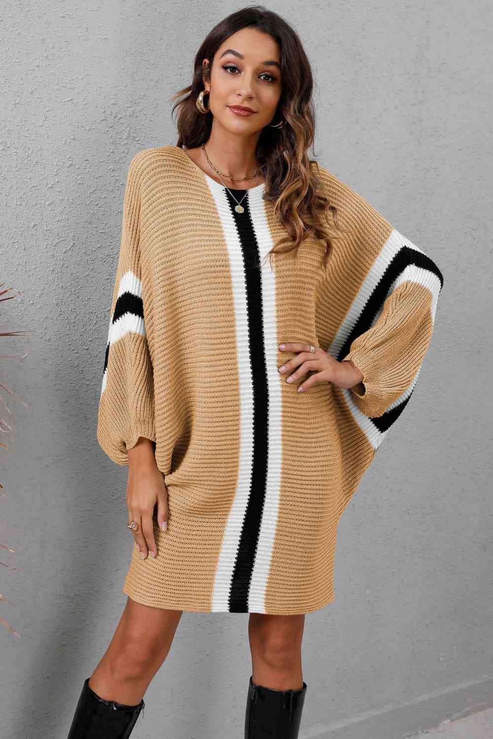 Ribbed Round Neck Long Sleeve Sweater Dress - Ladyez