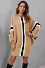 Ribbed Round Neck Long Sleeve Sweater Dress - Ladyez