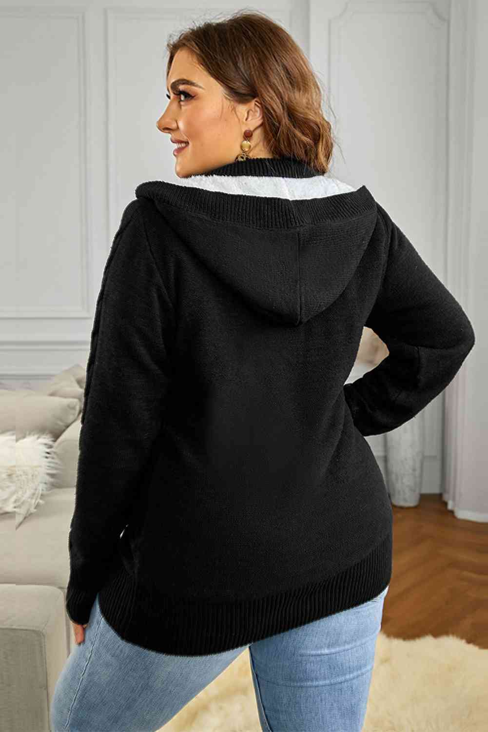 Cable-Knit Fleece Lining Button-Up Hooded Cardigan - Ladyez