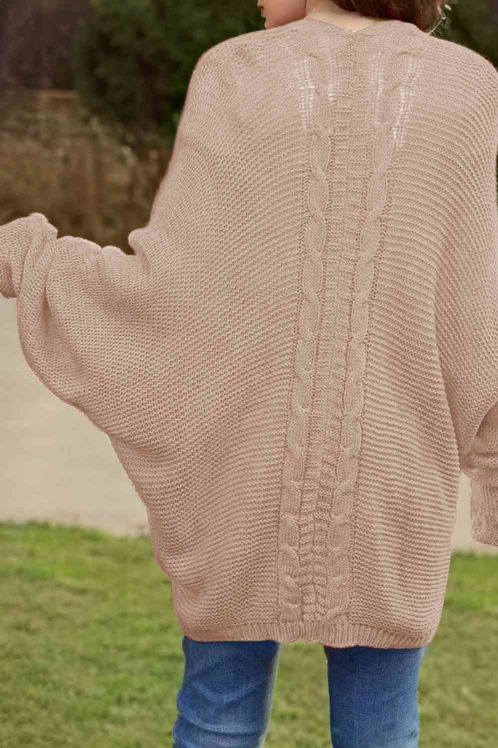 Cable-Knit Open Front Cardigan with Pockets - Ladyez