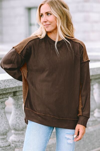 Ribbed Exposed Seam Dropped Shoulder Blouse - Ladyez