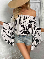 Printed Off-Shoulder Bell Sleeve Blouse - Ladyez