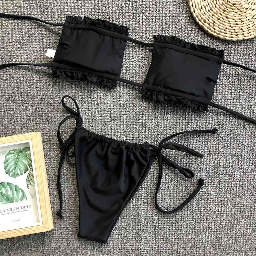 Frill Trim Ruched Bikini Set - Ladyez