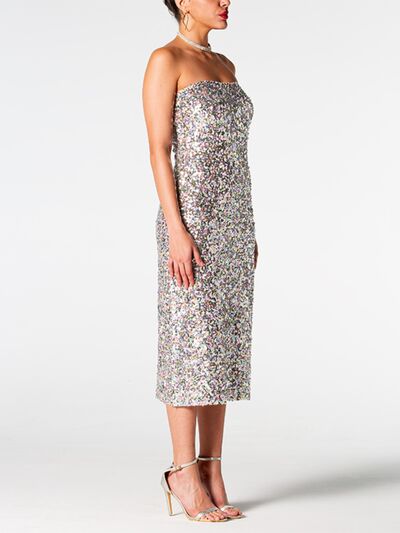Sequin Straight Neck Midi Wrap Dress - Ladyez