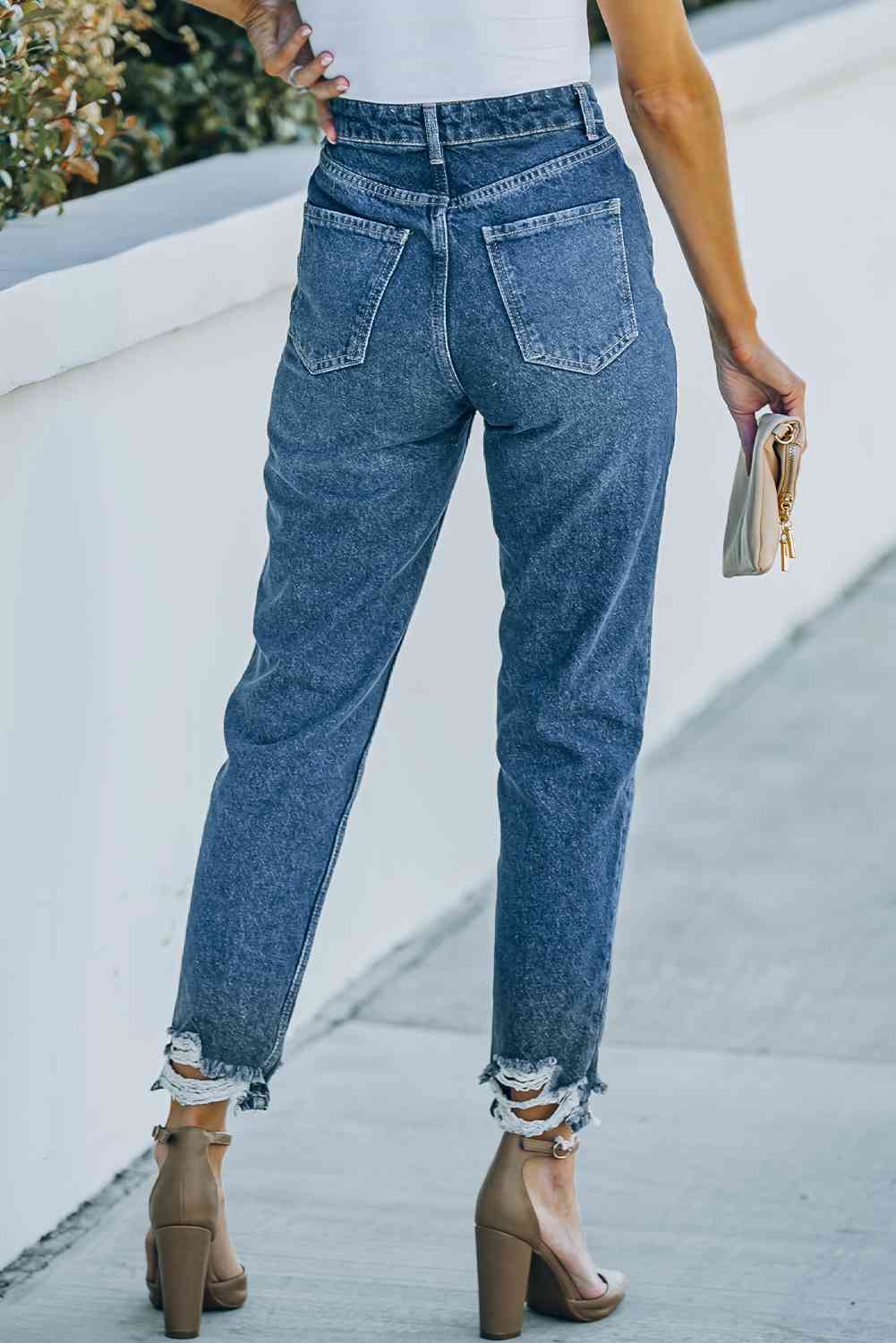 Ripped Ankle Straight Jeans with Pockets - Ladyez