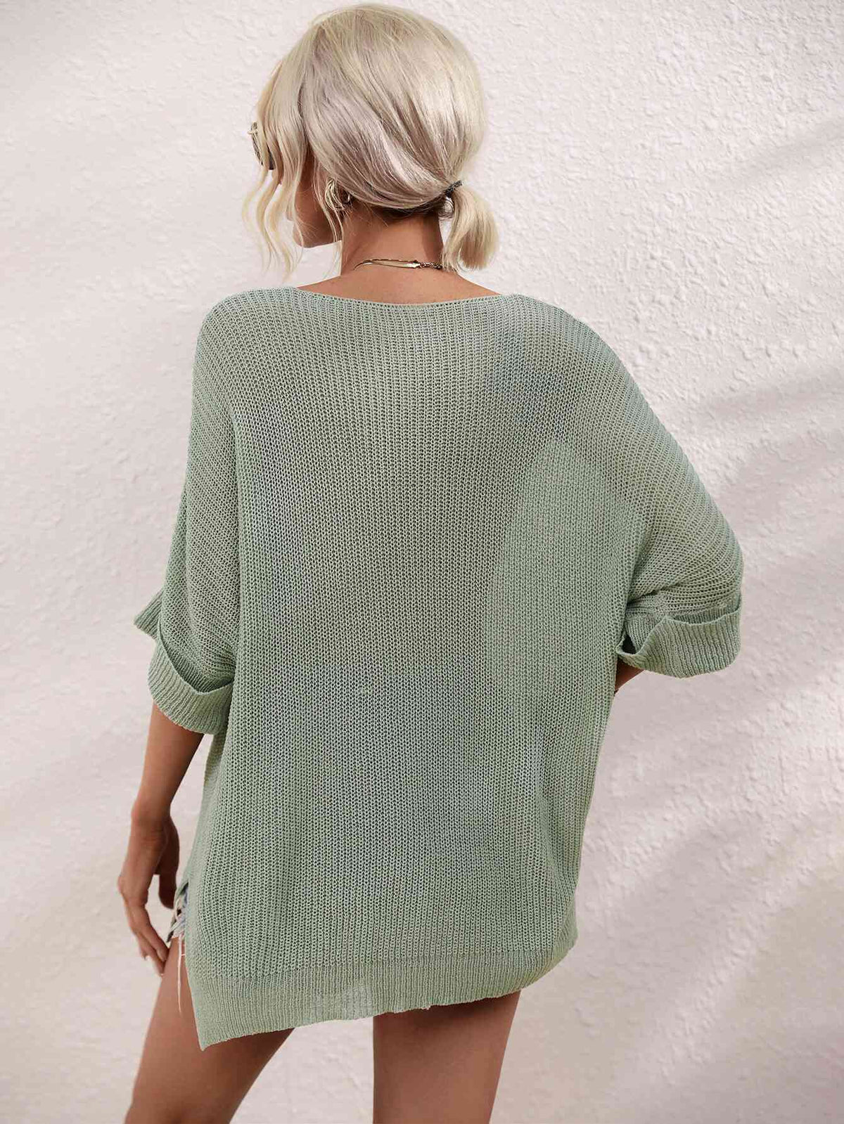 Boat Neck Cuffed Sleeve Slit Tunic Knit Top - Ladyez